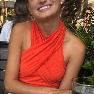 We The Free Bright Orange halter cross  Crop Top